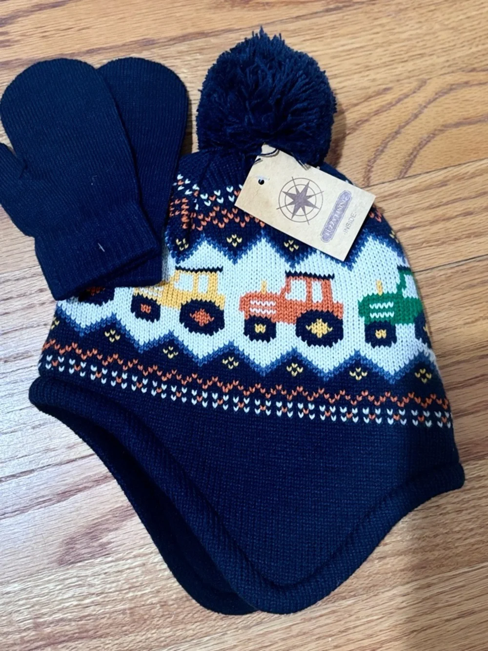Navy Pom Pom Earflap Beanie and Mittens Tractor Fair Isle Knit Pattern NWT